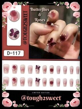 🆕LAST 1🌹$6 OR 2 FOR $10~CHIC FLORAL BUTTERFLY AND ROSES 24 DESIGNER NAILS